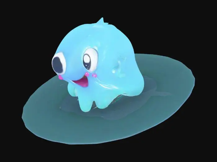3D model for Create a stylized, low-poly 3D slime creature with a jelly-like, squishy appearance. It should be a semi-transparent round blob with big eyes and a simple smile. Animate it with a cute idle bounce or wobble — like it's breathing or pulsing gently in place. The animation should loop smoothly. Style is suitable for Roblox or mobile games. Export model and idle animation together (GLB or FBX with animation).