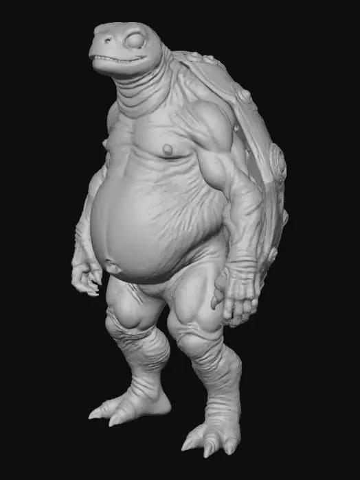 3D model for 3d Creature design, Character Sheet, A humanoid creature with a Macrochelys temminckii head, a very thick body, muscular limbs, skin covered with thick scales, and an even sharper Macrochelys temminckii tortoise shell on its back. Its hands have webbed claws and thick fingers. front、Right、Back View. Realistic textuer, PBR, Unreal.