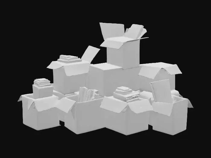 3D model for 쌓여있는 종이상자 더미들그중에 몇몇상자는 열려있다.