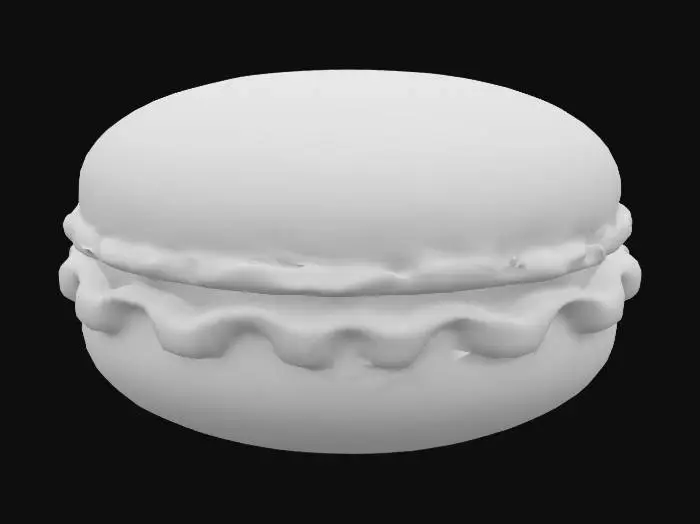3D model for Create a macaron (French-style dessert) with realistic detail. The model should feature the classic round, slightly domed top and bottom shells with a ruffled "foot" edge, and a visible filling layer in between. Keep the design cute and clean, ideal for a small decorative object or toy and for 3d printing. Limit the model to a simple, solid shape for easy printing—no separate parts.