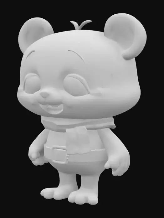 3D model for The character is a playful, plush green figure with a soft, rounded design. It has a cylindrical body, segmented by a dark green belt-like shape. The head is round with two large, bear-like ears, expressive eyes with eyelids, a small nose, and a smile. Dark green rounded knobs are attached to the limbs, resembling cactus spines. A striped scarf with yellow, red, and white diagonal lines adds a cheerful touch. The overall look is whimsical and child-friendly.