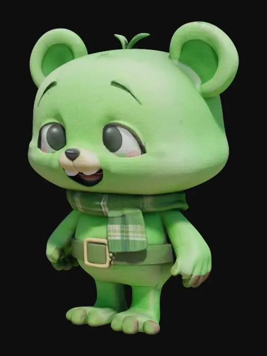 3D model for The character is a playful, plush green figure with a soft, rounded design. It has a cylindrical body, segmented by a dark green belt-like shape. The head is round with two large, bear-like ears, expressive eyes with eyelids, a small nose, and a smile. Dark green rounded knobs are attached to the limbs, resembling cactus spines. A striped scarf with yellow, red, and white diagonal lines adds a cheerful touch. The overall look is whimsical and child-friendly.
