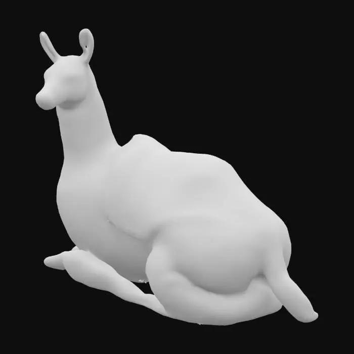 3D model for Realistic 3D model of a llama from Ecuador, sitting down in a relaxed pose. Accurate proportions, detailed fur texture with natural brown and white coloration, expressive eyes, and slight head tilt. Include traditional Andean textile pattern on a small decorative blanket over its back. Natural lighting, neutral background. Focus on realism and cultural authenticity.