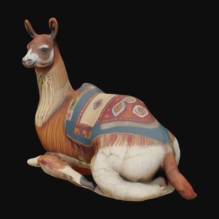 3D model for Realistic 3D model of a llama from Ecuador, sitting down in a relaxed pose. Accurate proportions, detailed fur texture with natural brown and white coloration, expressive eyes, and slight head tilt. Include traditional Andean textile pattern on a small decorative blanket over its back. Natural lighting, neutral background. Focus on realism and cultural authenticity.