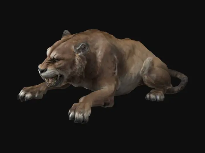 3D model for an accurate portrait of a sitting smilodon. the mouth is open, the teeth are sharp. 