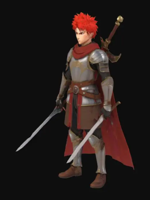 3D model for Create for me a medieval warrior with no beard or mustache. He has a sword on his back, a scar over one eye, spiky hair swept back with bangs in the front. His hair is red, his skin is fair, and he has a mature-looking face of about 16 years old in an anime style.