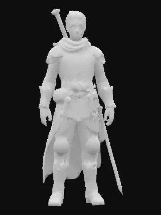 3D model for Create for me a medieval warrior with no beard or mustache. He has a sword on his back, a scar over one eye, spiky hair swept back with bangs in the front. His hair is red, his skin is fair, and he has a mature-looking face of about 16 years old.
