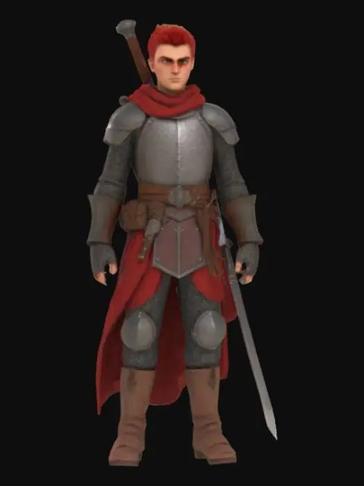3D model for Create for me a medieval warrior with no beard or mustache. He has a sword on his back, a scar over one eye, spiky hair swept back with bangs in the front. His hair is red, his skin is fair, and he has a mature-looking face of about 16 years old.