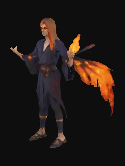 3D model for A Burning Hot fairy with Elemental Features to it like Pyro. Make it a male Sorceress with a Twisted trickster look to it