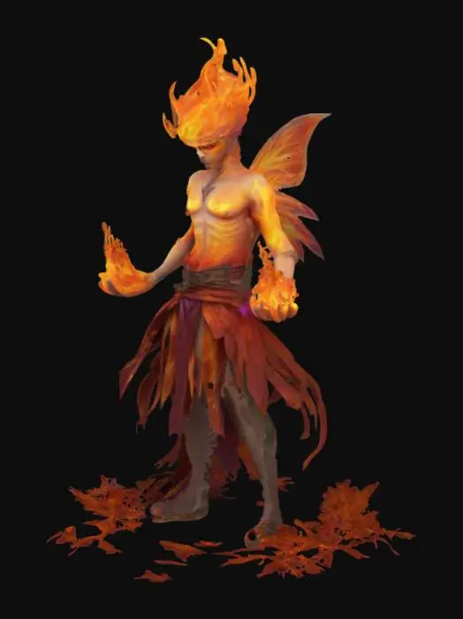 3D model for A Burning Hot fairy with Elemental Features to it like Pyro. Make it a male Sorceress with a Twisted trickster look to it