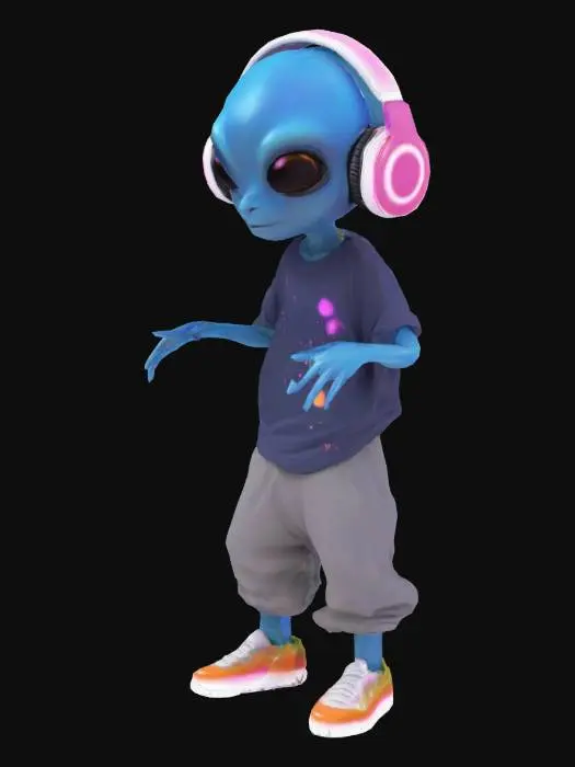 3D model for This character is a chill, music-loving alien with smooth, deep blue skin and a sleek, rounded head. Its large, glossy black eyes are usually closed in bliss as it vibes to music through oversized, glowing headphones. Radiating a peaceful and positive aura, the alien wears a cosmic-themed t-shirt dotted with pink and orange speckles that resemble stars. Its movements are calm and rhythmic—one hand gently holding the headphones, the other subtly dancing to the beat. The alien seems deeply in tune with sound and energy, embodying a cosmic DJ or interstellar music spirit, existing in a neon-lit, synthwave universe.

