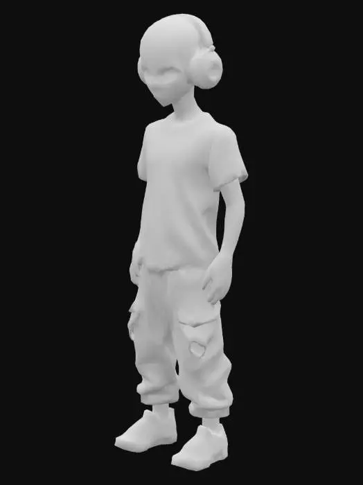 3D model for A sleek, futuristic alien DJ from a neon-drenched galaxy — their smooth, midnight-blue skin shimmers with subtle stardust patterns. With large, glowing violet eyes (often closed in musical trance), this extraterrestrial radiates chill cosmic energy. Their oversized headphones pulse with swirling magenta and orange light, syncing with the interstellar beats they mix. Wearing a galactic-speckled tee that looks like a slice of the Milky Way, they move with effortless rhythm, fingers dancing through the air like they’re conducting gravity itself. This alien is a vibe conductor — a peaceful emissary of soundwaves who drifts from planet to planet, dropping soul-charged synth and deep-space groove. The background glows with orbiting sound ripples, giving the feeling that music is not just heard
