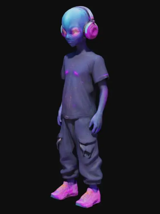 3D model for A sleek, futuristic alien DJ from a neon-drenched galaxy — their smooth, midnight-blue skin shimmers with subtle stardust patterns. With large, glowing violet eyes (often closed in musical trance), this extraterrestrial radiates chill cosmic energy. Their oversized headphones pulse with swirling magenta and orange light, syncing with the interstellar beats they mix. Wearing a galactic-speckled tee that looks like a slice of the Milky Way, they move with effortless rhythm, fingers dancing through the air like they’re conducting gravity itself. This alien is a vibe conductor — a peaceful emissary of soundwaves who drifts from planet to planet, dropping soul-charged synth and deep-space groove. The background glows with orbiting sound ripples, giving the feeling that music is not just heard

