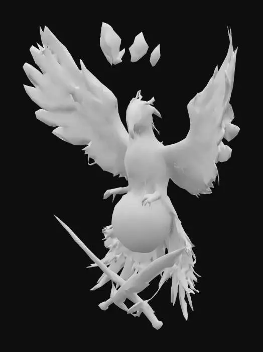 3D model for Eclipsed Emberwing Raven phoenix means rebirth, add a metal theme to it, detailed #emblem#