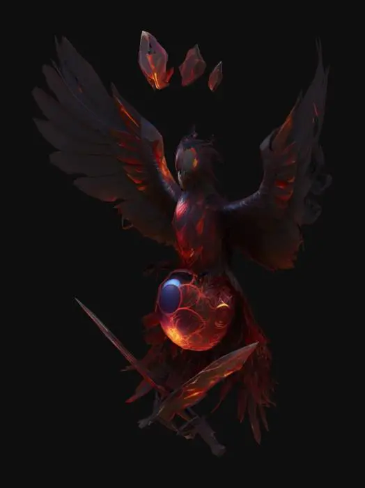 3D model for Eclipsed Emberwing Raven phoenix means rebirth, add a metal theme to it, detailed #emblem#