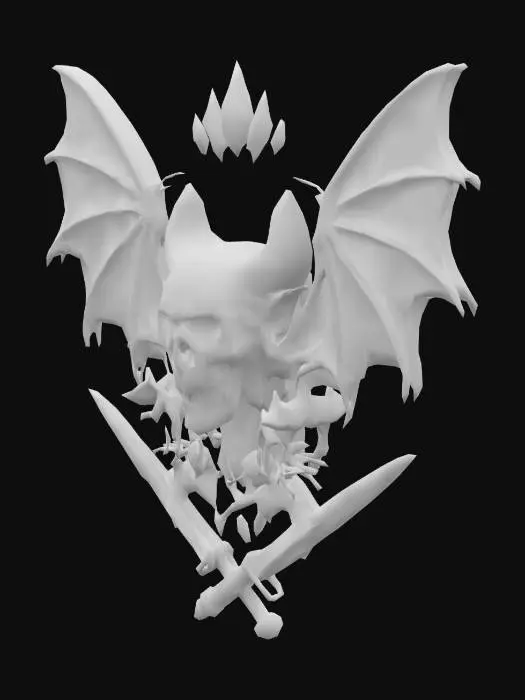 3D model for Infernal Emblem with a metal them. Detailed Skull with bat wings flying inside a circle sphere with crystals holding the sphere in place with two swords with scratches in them, #emblem#