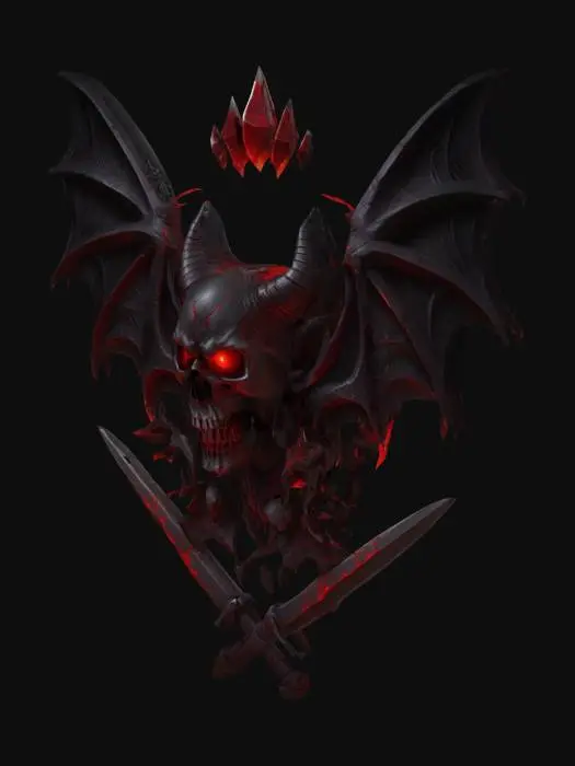 3D model for Infernal Emblem with a metal them. Detailed Skull with bat wings flying inside a circle sphere with crystals holding the sphere in place with two swords with scratches in them, #emblem#