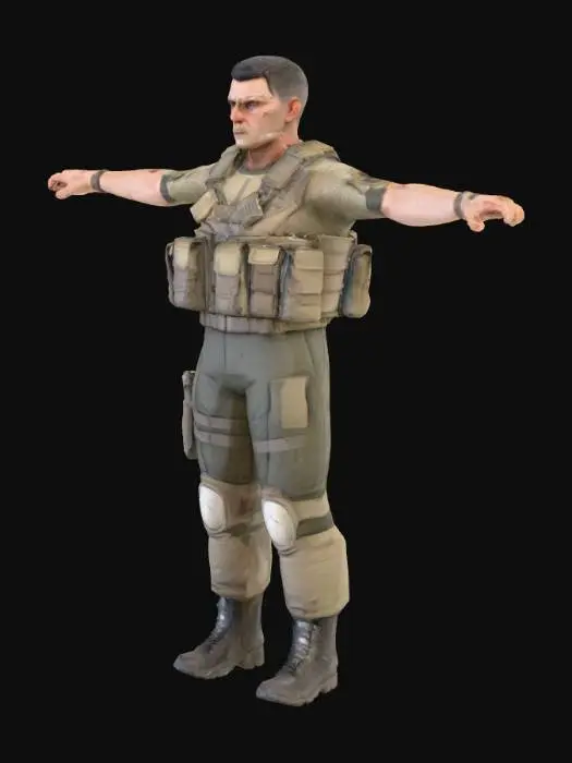 3D model for Реалистичный военный персонаж в Т-позе, в стиле Battlefield 6. Он одет в тактическую форму из прочного, матового нейлона цвета хаки, с потертостями и складками, передающими изношенность. Металлические элементы брони имеют тусклый, царапанный вид. На лице выражено сосредоточенное, суровое выражение, с четкими чертами, короткой стрижкой и легким загрязнением, подчеркивающим боевой опыт.
