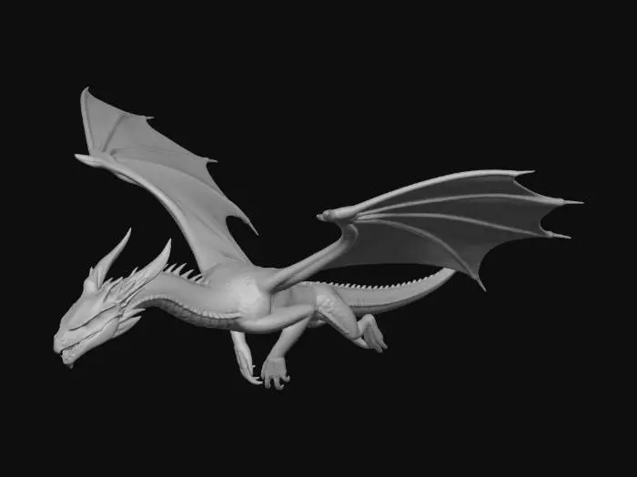 3D model for Long, serpentine dragon body with powerful, elegant proportions

Large bat-like wings with subtle tears, slightly inspired by deep-sea manta shapes

Defined head with a sharp angular snout
 Exactly two eyes 
Visible mouth with sharp teeth

Subtle nostrils

Two glowing eyes (deep violet or electric blue), slightly emissive

Backward-curving horns

Dark obsidian-like scales with rough, cracked surface detail

Faint glowing purple and blue energy lines between armor plates

Subtle bioluminescent accents along wings and spine

Long tail with sharp spines or a crystalline growth at the tip Dark fantasy

Semi-realistic

Cinematic level of detail

Intimidating and ancient presence

no back legs 

the dragon is flying with his tail hanging down