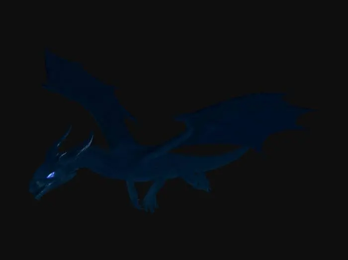 3D model for Long, serpentine dragon body with powerful, elegant proportions

Large bat-like wings with subtle tears, slightly inspired by deep-sea manta shapes

Defined head with a sharp angular snout
 Exactly two eyes 
Visible mouth with sharp teeth

Subtle nostrils

Two glowing eyes (deep violet or electric blue), slightly emissive

Backward-curving horns

Dark obsidian-like scales with rough, cracked surface detail

Faint glowing purple and blue energy lines between armor plates

Subtle bioluminescent accents along wings and spine

Long tail with sharp spines or a crystalline growth at the tip Dark fantasy

Semi-realistic

Cinematic level of detail

Intimidating and ancient presence

no back legs 

the dragon is flying with his tail hanging down
