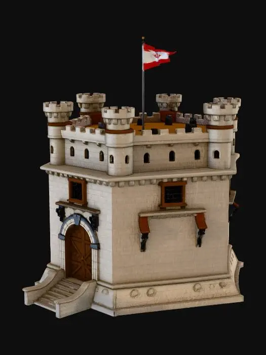 3D model for An anime medieval tower, one level only, so only one story like a square.
The top has to have four mini towers on the four corners, and a flag in the center top, with a big door on the front