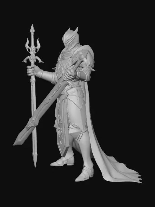 3D model for Stylized anime medieval dark knight, “Blood Oath Paladin”, full body character, heroic proportions, wearing black and deep crimson plate armor with glowing red rune engravings, long tattered cape, ornate greatsword with blood-red energy veins running through the blade, armor slightly bulky but elegant, sharp angular anime-style design, glowing red eyes inside helmet visor, holy-corrupted knight theme, high detail sculpt, layered armor plates, battle-worn texture, dramatic silhouette, fantasy MMORPG style, clean topology, game-ready 3D character, PBR materials, neutral T-pose, no background, no base, separate mesh parts for armor and weapon