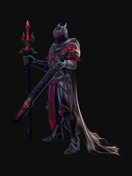 3D model for Stylized anime medieval dark knight, “Blood Oath Paladin”, full body character, heroic proportions, wearing black and deep crimson plate armor with glowing red rune engravings, long tattered cape, ornate greatsword with blood-red energy veins running through the blade, armor slightly bulky but elegant, sharp angular anime-style design, glowing red eyes inside helmet visor, holy-corrupted knight theme, high detail sculpt, layered armor plates, battle-worn texture, dramatic silhouette, fantasy MMORPG style, clean topology, game-ready 3D character, PBR materials, neutral T-pose, no background, no base, separate mesh parts for armor and weapon