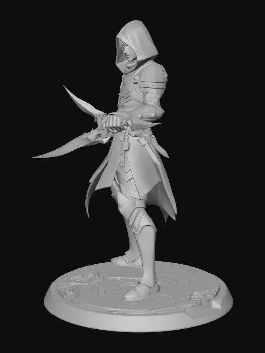 3D model for Stylized anime assassin warrior, “Void Striker”, slim agile male figure, dual void-infused daggers with glowing purple-black energy edges, sleek medieval assassin armor mixed with mystical void elements, floating fragmented armor pieces around shoulders, dark aura cracks across body, glowing violet eyes, hooded but face partially visible, fast and deadly aesthetic, exaggerated anime proportions, sharp clean silhouette, high detail sculpt, fantasy action RPG style, optimized topology, game-ready 3D model, neutral A-pose, no background