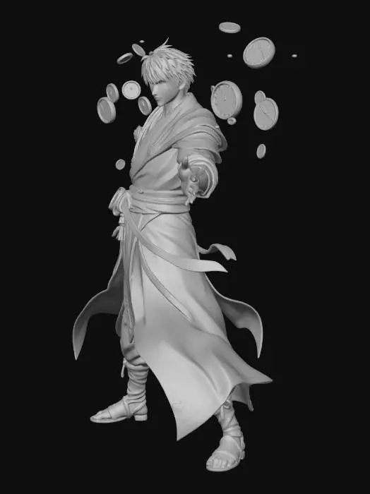 3D model for Stylized anime fantasy monk warrior, “Time Shatter Monk”, lean athletic male figure, floating broken clock fragments orbiting around shoulders and wrists, medieval monk robes mixed with light armor pieces, glowing golden and teal time-energy cracks across body, mechanical gauntlets with rune engravings, long flowing sash frozen mid-motion, anime action style, dynamic cloth sculpted into mesh, mystical time manipulation theme, sharp clean silhouette, high detail sculpt, fantasy RPG character, PBR materials, game-ready 3D model, neutral A-pose, no background