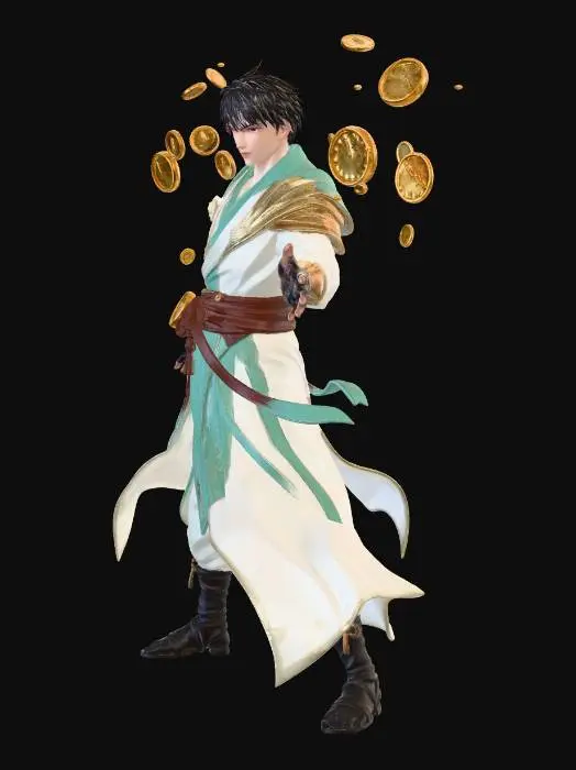 3D model for Stylized anime fantasy monk warrior, “Time Shatter Monk”, lean athletic male figure, floating broken clock fragments orbiting around shoulders and wrists, medieval monk robes mixed with light armor pieces, glowing golden and teal time-energy cracks across body, mechanical gauntlets with rune engravings, long flowing sash frozen mid-motion, anime action style, dynamic cloth sculpted into mesh, mystical time manipulation theme, sharp clean silhouette, high detail sculpt, fantasy RPG character, PBR materials, game-ready 3D model, neutral A-pose, no background