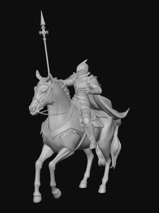 3D model for Stylized anime dark knight cavalry unit, “Shadow Cavalier”, armored medieval knight riding a shadow horse, both made of dark smoke-infused armor, glowing purple cracks in armor plates, long dark lance with energy trail sculpted into mesh, cape dissolving into shadow mist, aggressive sharp anime silhouette, intimidating presence, glowing eyes under helmet, stylized fantasy MMORPG design, high detail sculpt, separated rider and mount meshes, clean topology for rigging, neutral posed mount stance, no background, game-ready PBR materials