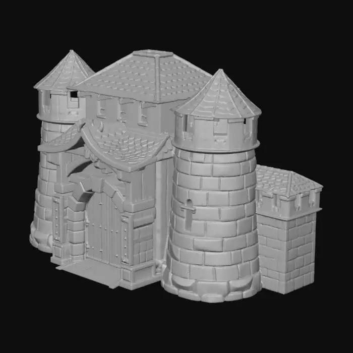 3D model for A vibrant anime-style medieval watchtower, featuring smooth, stylized grey stone blocks and a pointed red-tiled roof. It boasts robust battlements atop, and a grand, heavy wooden archway reinforced with dark iron, designed for troops to march through. The clean, defined lines and bright, contrasting colors give it a sturdy, inviting yet formidable appearance.