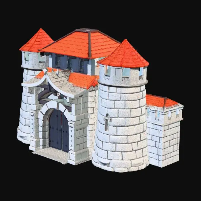 3D model for A vibrant anime-style medieval watchtower, featuring smooth, stylized grey stone blocks and a pointed red-tiled roof. It boasts robust battlements atop, and a grand, heavy wooden archway reinforced with dark iron, designed for troops to march through. The clean, defined lines and bright, contrasting colors give it a sturdy, inviting yet formidable appearance.