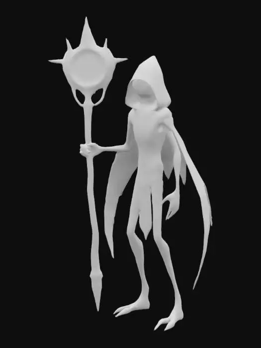 3D model for Low-poly evil alien sorcerer, wearing a dark hooded cloak, holding a glowing staff with intricate runes. Thin, elongated limbs, eerie glowing eyes, and sinister facial features. Dark fantasy style inspired by 1960s films. Minimalist design, sharp edges, clean geometry. Focus on silhouette and mystical aura. Low polygon count, optimized for game assets