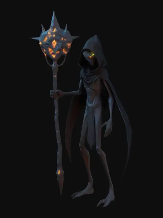 3D model for Low-poly evil alien sorcerer, wearing a dark hooded cloak, holding a glowing staff with intricate runes. Thin, elongated limbs, eerie glowing eyes, and sinister facial features. Dark fantasy style inspired by 1960s films. Minimalist design, sharp edges, clean geometry. Focus on silhouette and mystical aura. Low polygon count, optimized for game assets