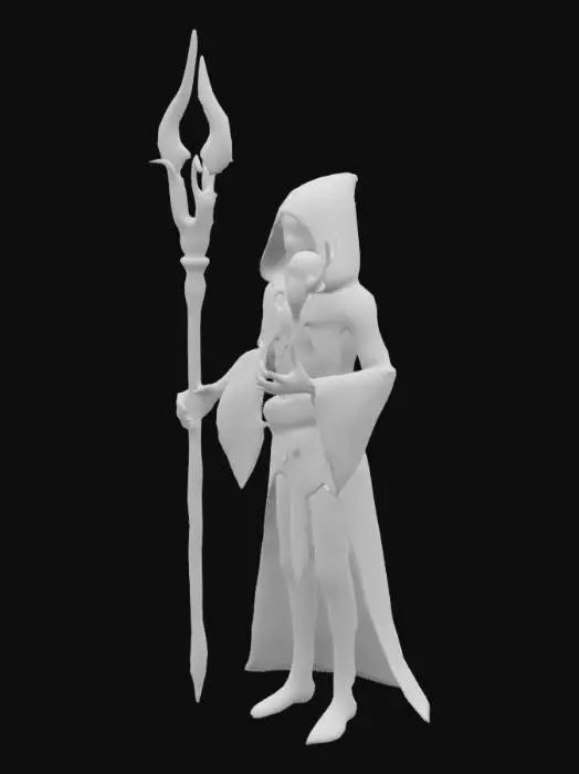 3D model for A low-polygonal evil alien sorcerer in a brightly colored evil hooded cloak holding a glowing staff with intricate runes of dark magic. Slender, elongated limbs, eerie glowing eyes and sinister facial features, with alien insect elements. A haughty sinister sorcerer's pose. Dark fantasy style inspired by 1960s movies. Minimalist design, sharp angles, clean geometry. Emphasis on silhouette and mystical aura. Low polygon count optimized for gaming assets
Translated with DeepL.com (free version)
