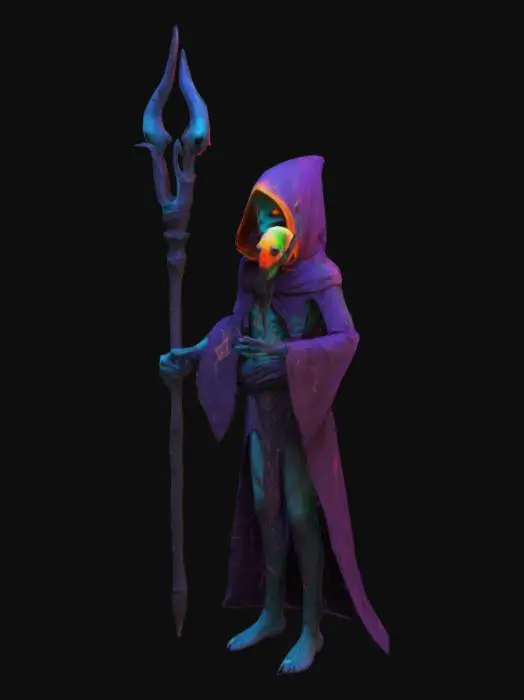 3D model for A low-polygonal evil alien sorcerer in a brightly colored evil hooded cloak holding a glowing staff with intricate runes of dark magic. Slender, elongated limbs, eerie glowing eyes and sinister facial features, with alien insect elements. A haughty sinister sorcerer's pose. Dark fantasy style inspired by 1960s movies. Minimalist design, sharp angles, clean geometry. Emphasis on silhouette and mystical aura. Low polygon count optimized for gaming assets
Translated with DeepL.com (free version)
