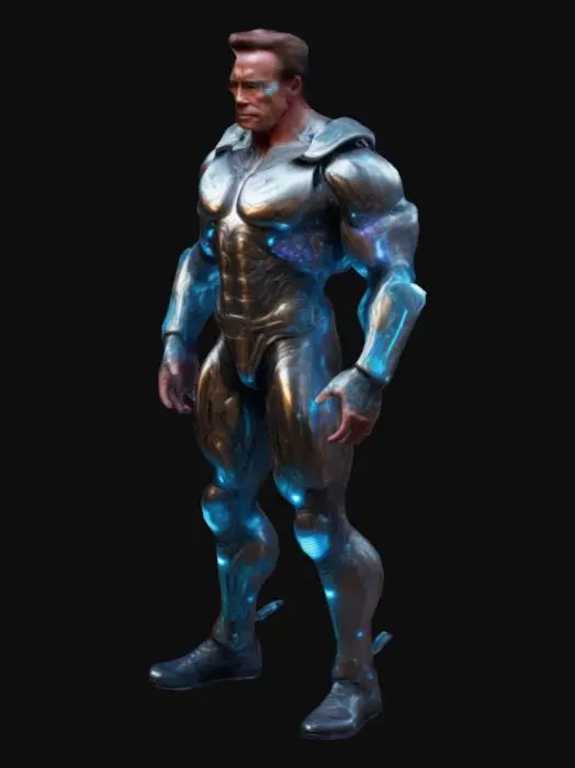 3D model for Arnold Schwarzenegger as Mr Olympia, wearing futuristic fantasy armor with glowing elements and stylish sci-fi clothing, highly detailed metallic bodysuit with LED lights, cyberpunk style augmented reality visor, biomechanical implants visible on arms and chest