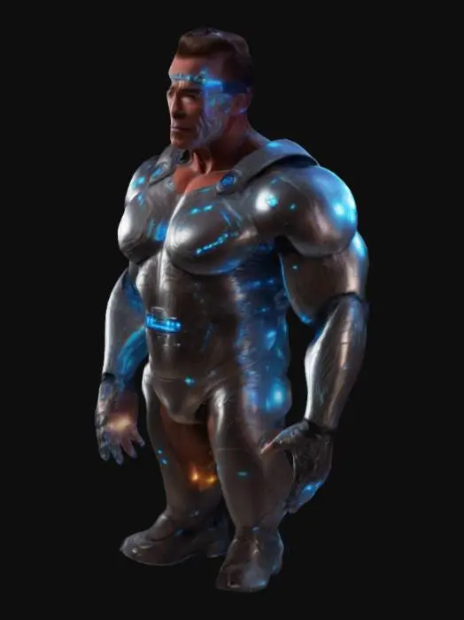 3D model for Arnold Schwarzenegger as Mr Olympia, wearing futuristic fantasy armor with glowing elements and stylish sci-fi clothing, highly detailed metallic bodysuit with LED lights, cyberpunk style augmented reality visor, biomechanical implants visible on arms and chest