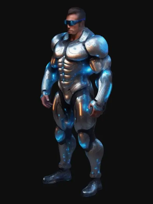 3D model for Very cool man as Mr Olympia, wearing futuristic fantasy armor with glowing elements and stylish sci-fi clothing, highly detailed metallic bodysuit with LED lights, cyberpunk style augmented reality visor, biomechanical implants visible on arms and chest