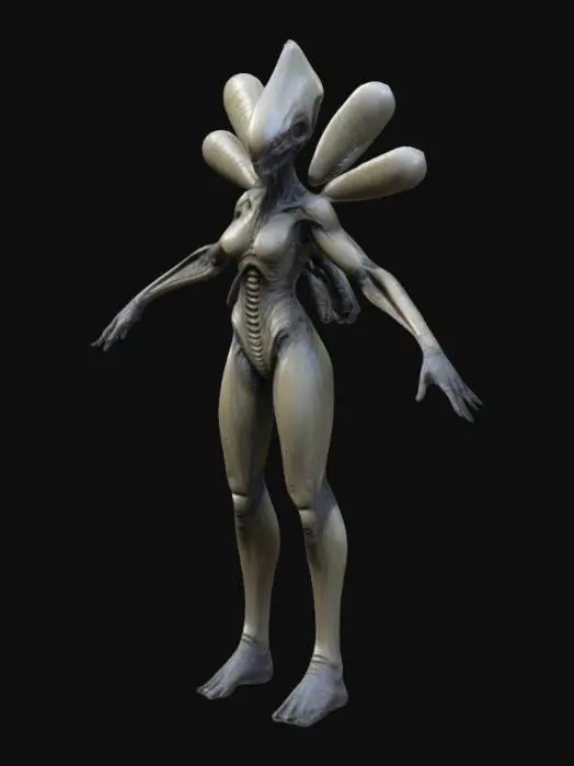 3D model for Create a detailed, military armored alien NPC in a T-pose for an FPS game, inspired by H. R. Giger, 90's sci-fi movies, comic books, and action figures. Include intricate textures, vivid colors, and unique anatomical features.