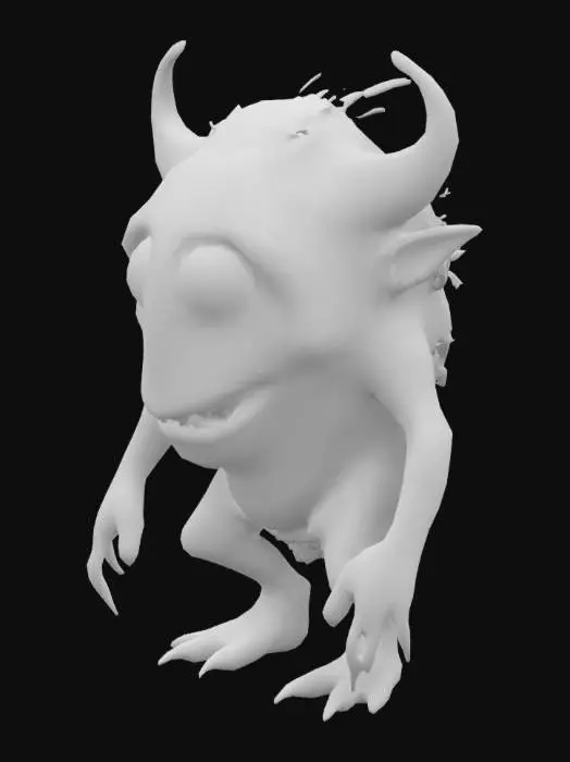 3D model for A hunched creature with an elongated, lumpy head covered in warty, stone-like skin. One eye is oversized and glows faintly, while the other is shrunken and nearly shut. Jagged horns sprout unevenly from its skull, and its mouth stretches too wide, filled with crooked, needle-like teeth. Patches of wiry, moss-like hair cling to its scalp, giving it a wild, eerie look.