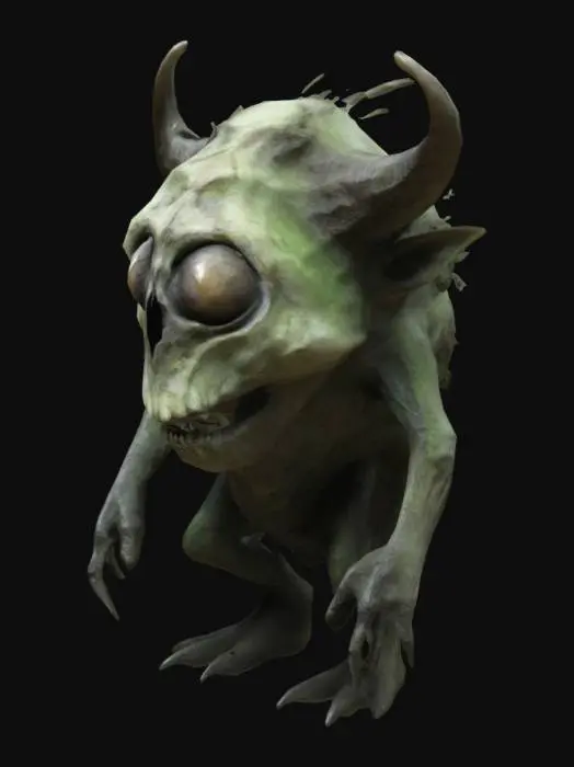 3D model for A hunched creature with an elongated, lumpy head covered in warty, stone-like skin. One eye is oversized and glows faintly, while the other is shrunken and nearly shut. Jagged horns sprout unevenly from its skull, and its mouth stretches too wide, filled with crooked, needle-like teeth. Patches of wiry, moss-like hair cling to its scalp, giving it a wild, eerie look.