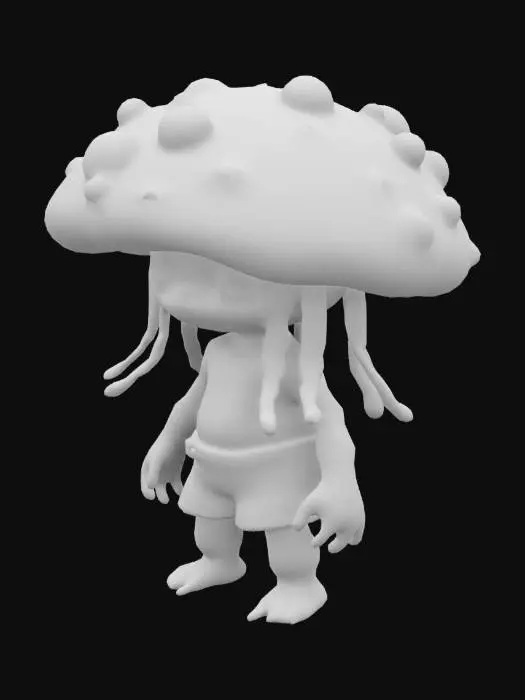 3D model for Mushroom prince with dreadlocks, green skin that's glowing 3d, solid colors, low poly, battle scars. mushroom cap is purple with red bumps on a round base , #bioluminescent#