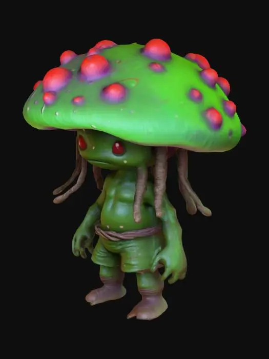 3D model for Mushroom prince with dreadlocks, green skin that's glowing 3d, solid colors, low poly, battle scars. mushroom cap is purple with red bumps on a round base , #bioluminescent#