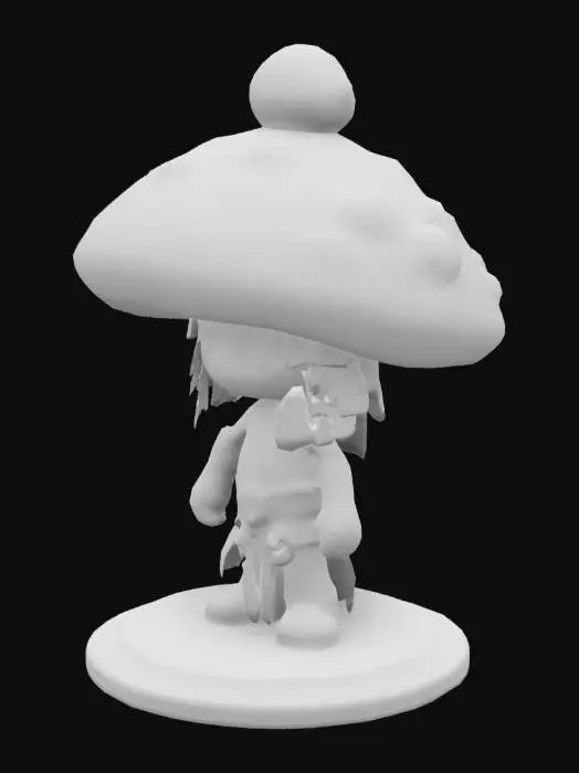 3D model for Mushroom prince with dreadlocks, green skin that's glowing 3d, solid colors, low poly, battle scars. mushroom cap is purple with red bumps on a round base , #bioluminescent#