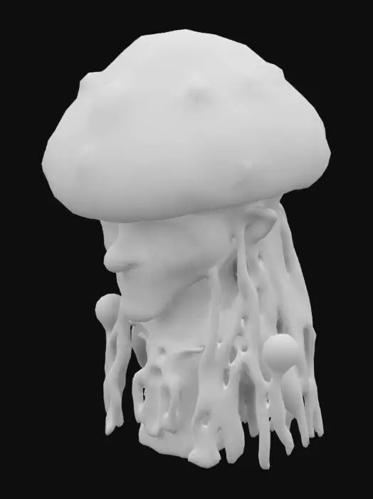 3D model for Mushroom prince with dreadlocks, green skin that's glowing 3d, solid colors, low poly, battle scars. mushroom cap is purple with red bumps on a round base , #bioluminescent#