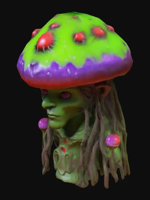 3D model for Mushroom prince with dreadlocks, green skin that's glowing 3d, solid colors, low poly, battle scars. mushroom cap is purple with red bumps on a round base , #bioluminescent#