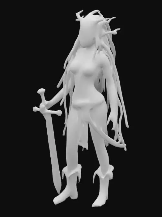 3D model for Mushroom sexy psychedelic acid queen with perfect 18 y.o. body and green skin, dreadlocks, 3d, solid colors, low poly, battle scars holding a sword.