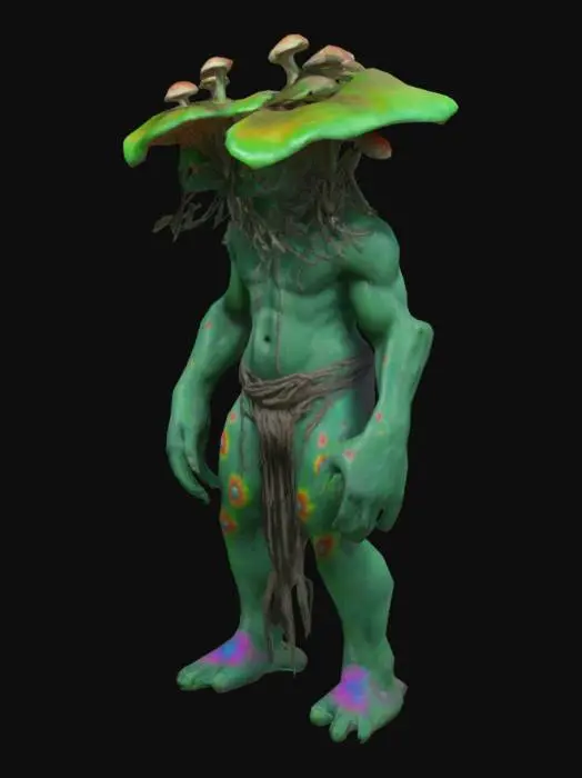 3D model for The object features a dual-headed, humanoid creature with a muscular build, a rough green skin texture, large hands and feet, and is adorned. Mushroom sexy psychedelic acid with perfect body and skin, dreadlocks, 3d, solid colors, low poly, nature y2k holographic style. with tattered, dark cloth resembling a primitive garment.,